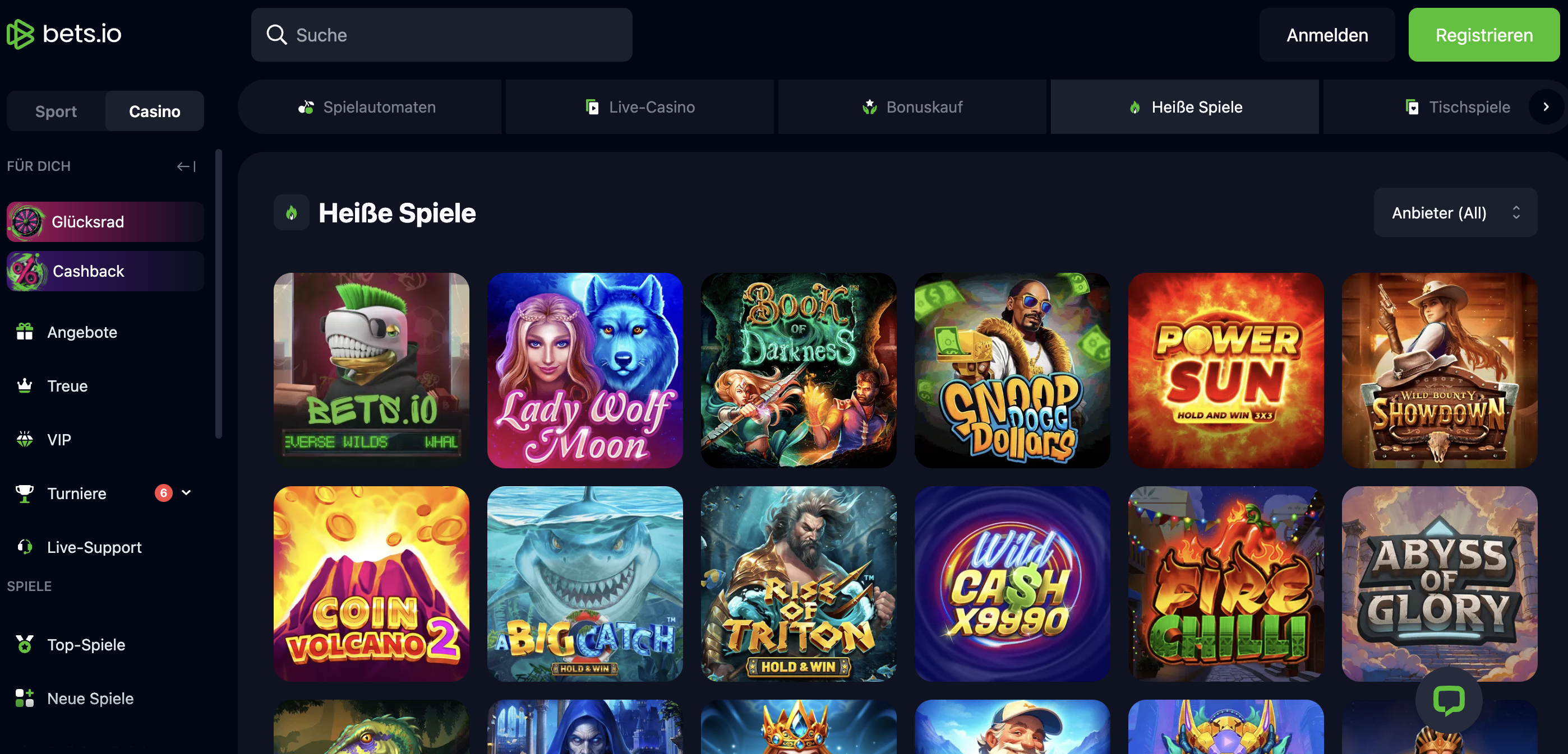 Bets.io Mobile Ansicht und Spiele